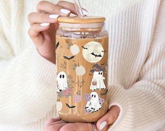 Cottagecore Halloween Ghost Coffee Glass Tumbler, Fall Ice Coffee Glass Cup, Halloween Ghost Coffee Glass, Spooky Coffee Cup, Fall Cups
