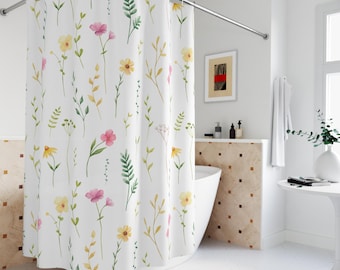 Aquarel bloemen douchegordijn, botanisch douchegordijn, boho douchegordijn, stoffen douchegordijn, badkamerdecor, bloemen badkamerdecor