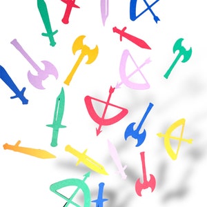 May include: A collection of colorful paper cutouts of various weapons, including swords, axes, and bows and arrows. The cutouts are scattered on a white background.
