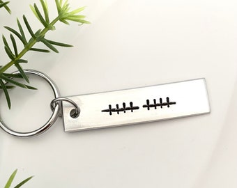 Tally marks keychain, hand stamped, personalized keychain, traditional aluminum gift, 10 years, customizable, gift for him, her