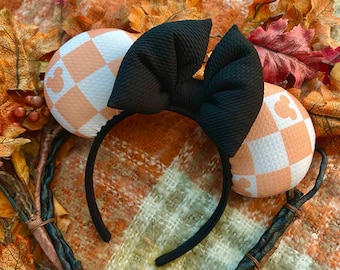 Halloween Retro Checkered Mouse Ears, Vintage Fall Minnie Ears, Orange and White, Black Bow