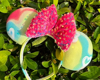 Sparkly Bow Minnie Ears, Colorful Minnie Ears, Heart Mouse Ears, Spring Mouse Ears, Pink Sequin Mouse Ears, Valentines Minnie Ears