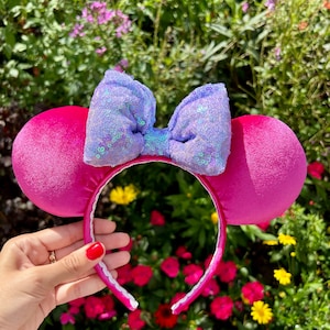 Daisy Inspired Minnie Ears, Pink and Purple Mouse Ears, Unique Daisy Duck Minnie Ears, Pink Minnie Ears, Sequin Bow Ears