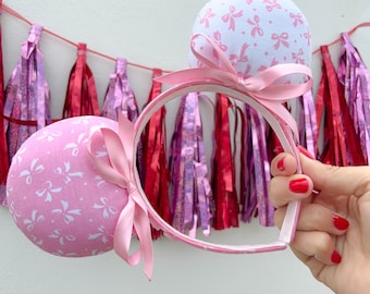 Coquette Pink and White Mouse Ears, Ribbons Valentines Minnie Ears