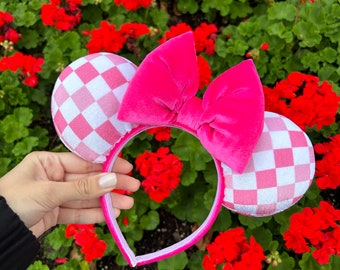 Pink Checkered Mouse Ears, Checkered Valentines Minnie Ears, Valentines Mouse Ears, Valentines Minnie Ears, Pink Mouse Ears