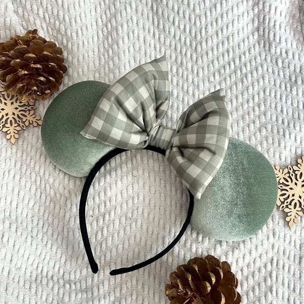 Christmas Mouse Ears, Adorable Green Gingham Mouse Ears, Holiday Mouse Ears, Minnie Ears for Christmas, Disney Lover Gift