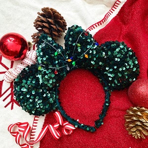 Christmas Green Sequin With Lights Minnie Ears, Holiday Minnie Ears, Adorable Minnie Ears, Festive Mickey Ears, Disney Christmas Ears
