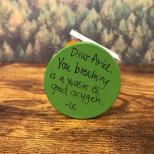 May include: A green round ornament with the text "Dear Ariel, You breathing is a waste of good oxygen. -lc" written in black marker.