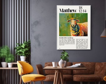 Parable of the Lost Sheep Scripture Wall Art, Matthew 18 Leaves the 99 Christian Home Decor, Vintage Bible Verse Print, Digital Download