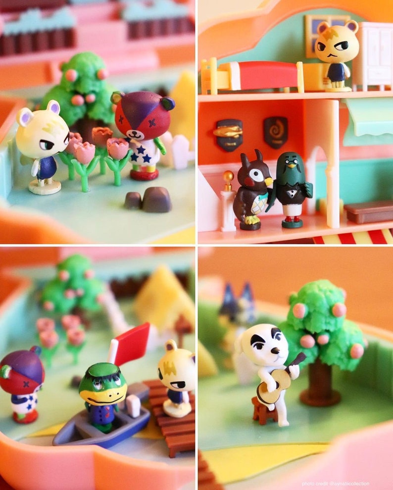 May include: A miniature playset featuring characters from the Animal Crossing video game series. The set includes a house with a bedroom, a living room, and a kitchen. There are also several outdoor areas, including a park, a river, and a beach. The characters are all made of plastic and are painted in bright colors.