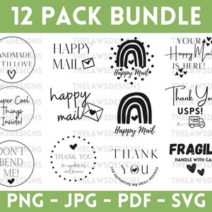 May include: A set of 12 black and white printable stickers for packaging. The stickers feature various designs including a rainbow with the text "Happy Mail", a mail envelope with the text "Happy Mail", a heart with the text "Handmade with Love", a heart with the text "Don't Bend Me", a truck with the text "Thank You USPS", and a heart with the text "Fragile Handle with Care".
