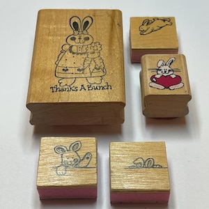 Wooden Vintage Bunny Rubber Stamps - Variety Easter Festive Wooden Bunny Rubber Stamps (5 pack)