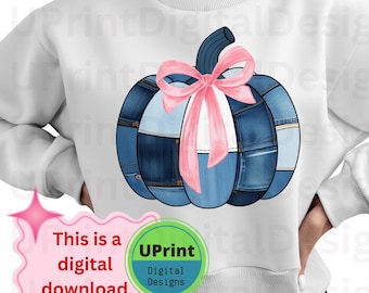 Coquette Fall Denim Patchwork Pumpkin PNG: Pink Bow Coquette Design (Digital Download)