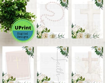 Religious Printable Stationary Christian Floral Stationary - Religious White Rose Lined Printable Writing Paper (PDF)