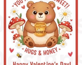 Tarjetas de San Valentín para niños con diseño de osos de miel - Recuerdos imprimibles para fiestas de clase (descarga digital) Abejas y corazones de miel