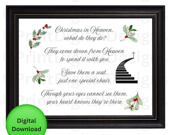 May include: A printable digital download of a Christmas-themed quote about loved ones in Heaven. The quote reads "Christmas in Heaven, what do they do? They come down from Heaven to spend it with you. Save them a seat, just one special chair. Though your eyes cannot see them, your heart knows they're there."