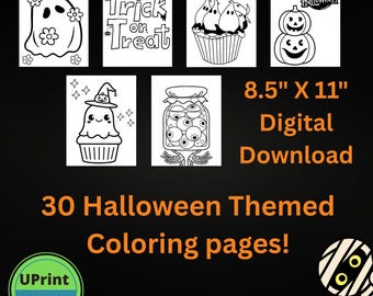Halloween Coloring Pages for Kids, Spooky Season Classroom Party, Quiet Time, Homeschool Activity, 30 Cute Printables, Digital Download PDF