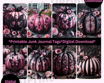 Printable Junk Journal Tags: Vintage Pink Black Pumpkin Floral (Digital Download)