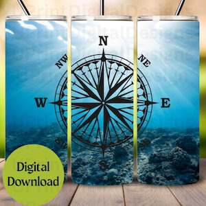 Nautical Tumbler Wrap PNG - Compass Sublimation Wrap PNG - Nautical Skinny Tumbler Design png - Digital Download - Sublimation Design png