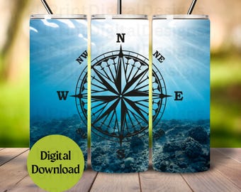 Envoltura para vaso con brújula náutica: Diseño delgado de sublimación (descarga digital PNG)