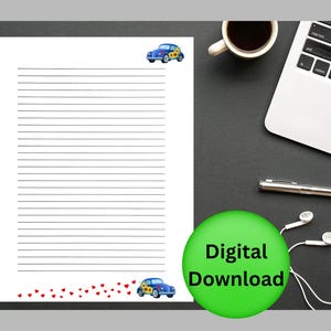 May include: A lined stationery sheet with a blue car illustration and red hearts. The words "Digital Download" are on a green circle. A laptop, pen, coffee cup, and earbuds are also visible.