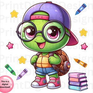 Può includere: Illustrazione di un cartone animato di una tartaruga verde con un berretto da baseball viola, occhiali e uno zaino. La tartaruga indossa pantaloncini blu e scarpe da ginnastica rosa. Pastelli, stelle e libri colorati circondano la tartaruga.