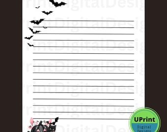 Pastel Goth Halloween Stationery: Black Cat, Pumpkins (Digital Download)