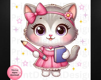 Gatita escolar PNG, camiseta de regreso a clases, decoración de pared (descarga digital)