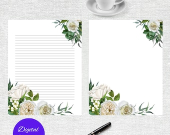 White Rose Stationery: Floral Writing Paper, Lined & Unlined (Digital Download)