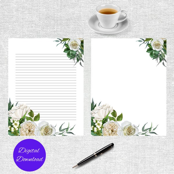 White Rose Stationary - Printable Stationary - Printable Writing Paper - Floral Stationary - Lined - Unlined - Digital Download - Printable