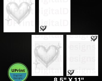 Papelería imprimible para San Valentín con corazones plateados góticos, forrados y sin forro (PDF)