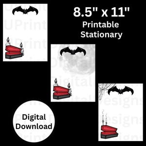May include: Printable stationery sheets, 8.5" x 11", featuring a bat, coffin, and candle illustrations. The design includes the text "Printable Stationary" and "Digital Download". The overall theme is Halloween.