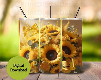 ひまわりの花嫁タンブラーラップ：ウェディングPNGデザイン（デジタルダウンロード）