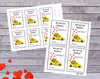 Tarjetas de San Valentín con diseño de girasoles VW Bug - Tarjetas imprimibles para niños (descarga digital)