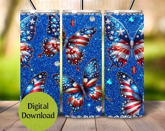 Envoltura para vaso con mariposas y brillantes diamantes de imitación: diseño de bandera estadounidense patriótica y glamurosa (PNG digital)