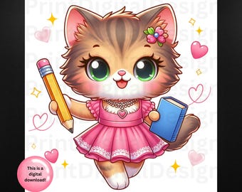 Gatito de regreso a la escuela PNG, clipart femenino (descarga digital)