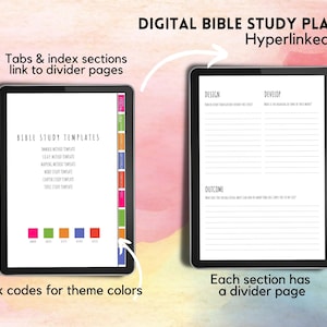 May include: A digital Bible study planner with hyperlinked tabs. The planner includes sections for design, develop, and outcome. The tabs are color-coded with hex codes for each color displayed on the left side of the screen.