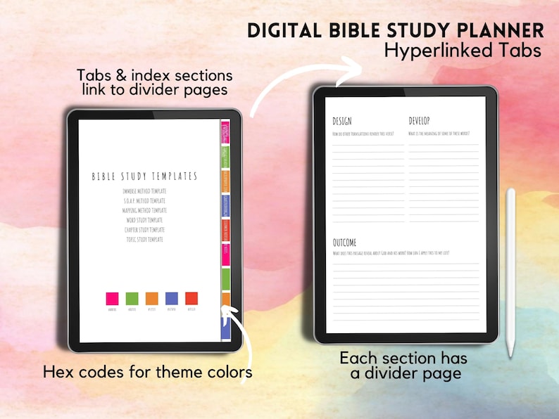 May include: A digital Bible study planner with hyperlinked tabs. The planner includes sections for design, develop, and outcome. The tabs are color-coded with hex codes for each color displayed on the left side of the screen.