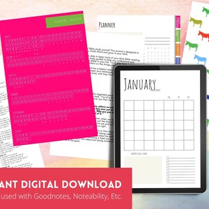 May include: A digital planner with a January calendar and a section for weekly goals. The planner is on a tablet with a white stylus next to it. The planner is designed for use with apps like Goodnotes and Noteability.