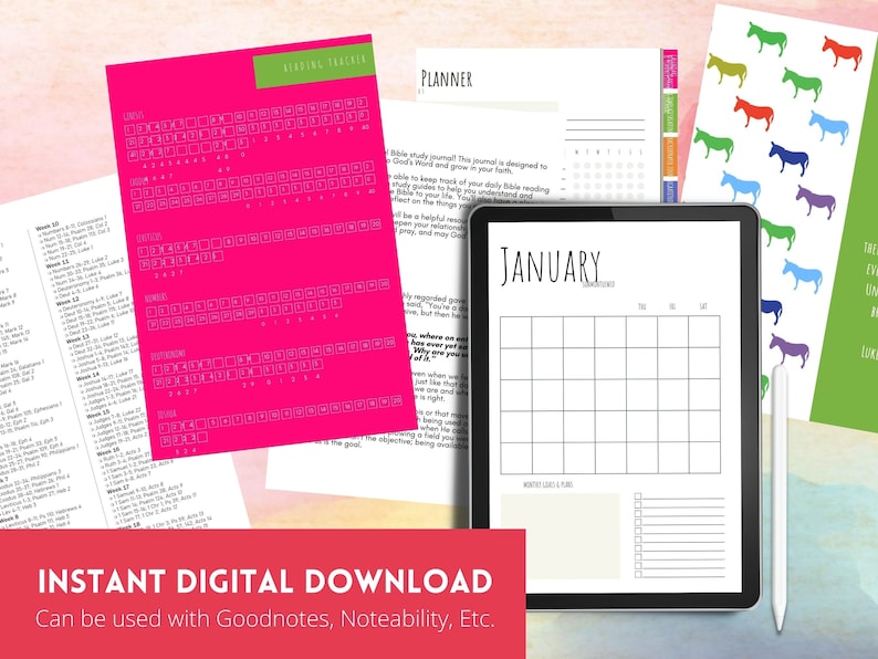 May include: A digital planner with a January calendar and a section for weekly goals. The planner is on a tablet with a white stylus next to it. The planner is designed for use with apps like Goodnotes and Noteability.