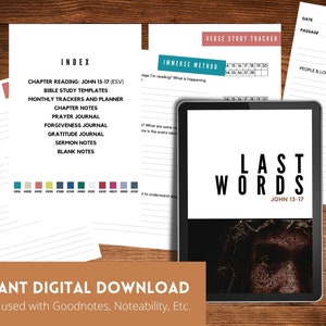 A digital planner for Bible study in GoodNotes, featuring the passages from John 13-17. The planner is in portrait orientation and is hyperlinked for easy navigation. It also includes the colors of 2023 and is available for instant download.