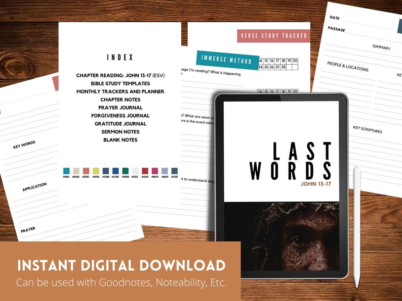 A digital planner for Bible study in GoodNotes, featuring the passages from John 13-17. The planner is in portrait orientation and is hyperlinked for easy navigation. It also includes the colors of 2023 and is available for instant download.