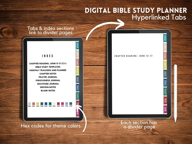 Digital Bible study planner for GoodNotes featuring passages from John 13-17. Portrait orientation, hyperlinked for easy navigation. Includes 2023 colors of the year. Available for instant download.