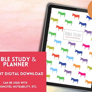 May include: A digital printable Bible study journal and planner with a colorful donkey pattern. The planner has 75 pages and is designed for use with digital note-taking apps like Goodnotes and Notability.