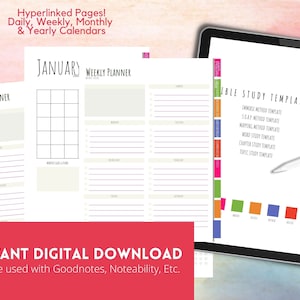 May include: A digital tablet displaying a printable study guide with various study method templates. The tablet is on a pink and white background with a white stylus pen next to it. The text on the screen reads "Bible Study Templates" and lists various study methods including "Immerse Method Template", "SOAP Method Template", "Mapping Method Template", "Word Study Template", "Chapter Study Template", and "Topic Study Template".