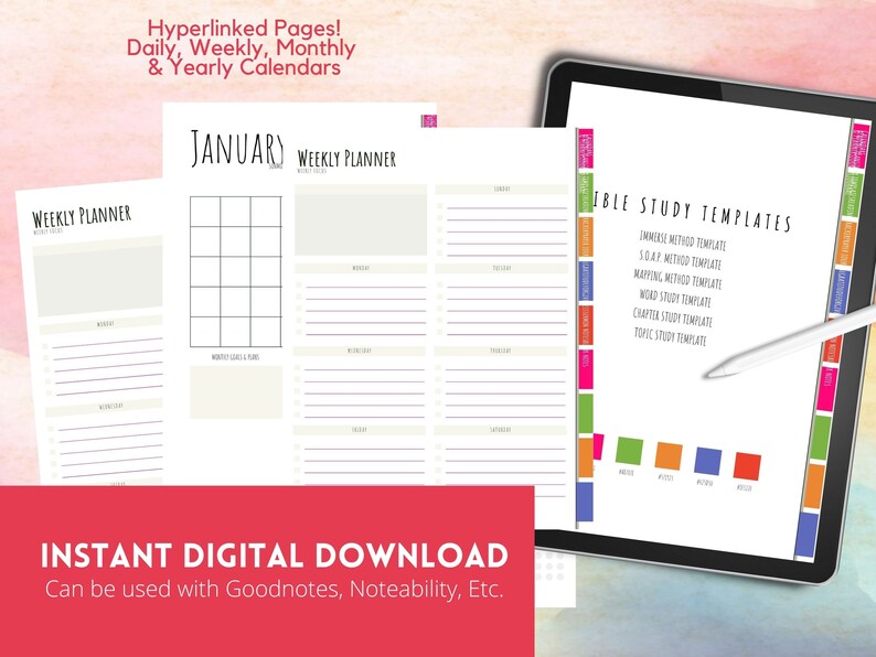 May include: A digital tablet displaying a printable study guide with various study method templates. The tablet is on a pink and white background with a white stylus pen next to it. The text on the screen reads "Bible Study Templates" and lists various study methods including "Immerse Method Template", "SOAP Method Template", "Mapping Method Template", "Word Study Template", "Chapter Study Template", and "Topic Study Template".