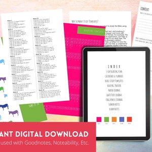 May include: Digital download of Bible study templates for Goodnotes and Noteability apps. The image shows a tablet displaying an index of the templates, including a 5-day reading plan, calendars, planners, Bible study templates, reading tracker, prayer journal, gratitude journal, forgiveness journal, sermon notes, and blank notes. The image also shows a sheet of paper with a weekly Bible reading plan and a sheet of paper with a reading tracker.