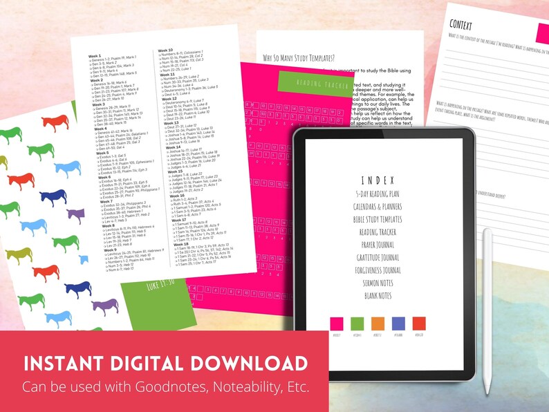 May include: Digital download of Bible study templates for Goodnotes and Noteability apps. The image shows a tablet displaying an index of the templates, including a 5-day reading plan, calendars, planners, Bible study templates, reading tracker, prayer journal, gratitude journal, forgiveness journal, sermon notes, and blank notes. The image also shows a sheet of paper with a weekly Bible reading plan and a sheet of paper with a reading tracker.