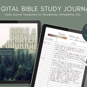 May include: A digital Bible study journal template on a tablet screen. The template includes a section for scripture, date, notes, and a chapter title. The text in the image reads "Psalm 23" and "Jan 10, 2022".