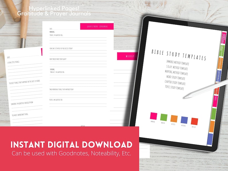 May include: A digital tablet displaying a list of Bible study templates. The templates include the Immerse Method, SOAP Method, Mapping Method, Word Study, Chapter Study, and Topic Study. The tablet is on a white wooden surface with a pink, green, orange, blue, and red color palette.